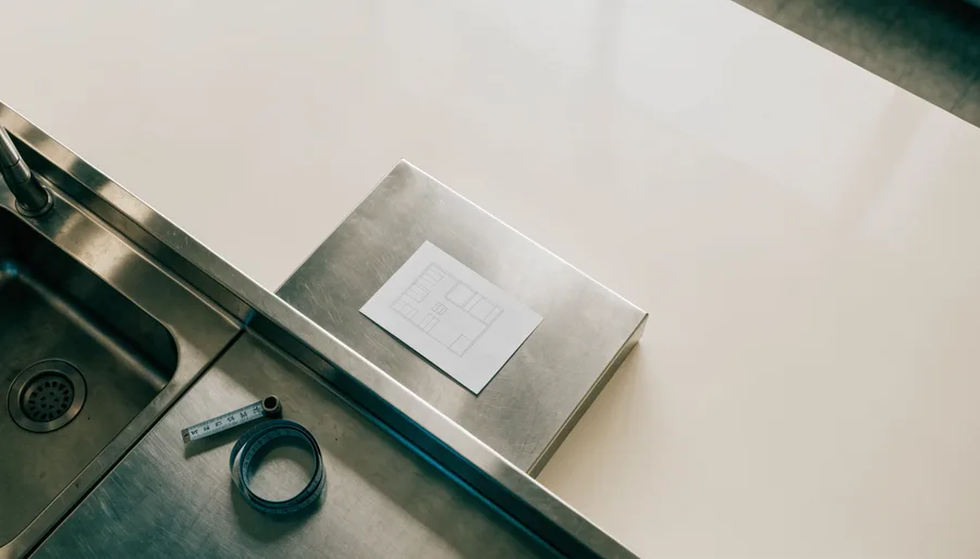 A measuring tape and a floor plan on a stainless counter